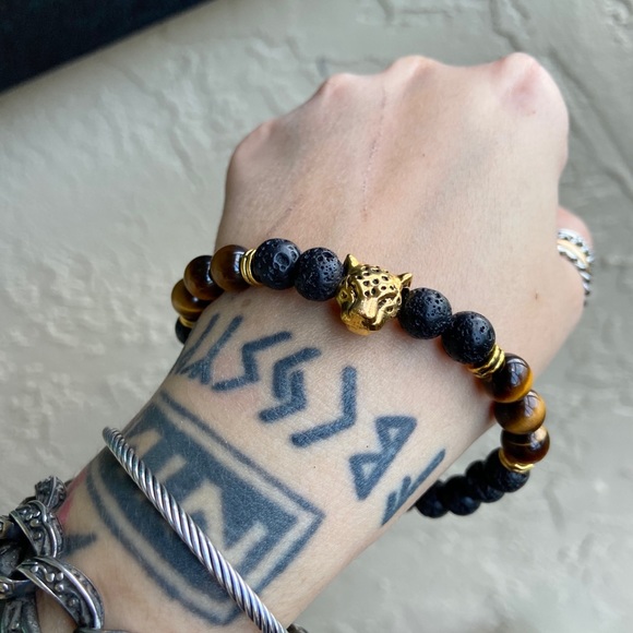 Black lava rock & tiger eye panther bead bracelet - Picture 8 of 12